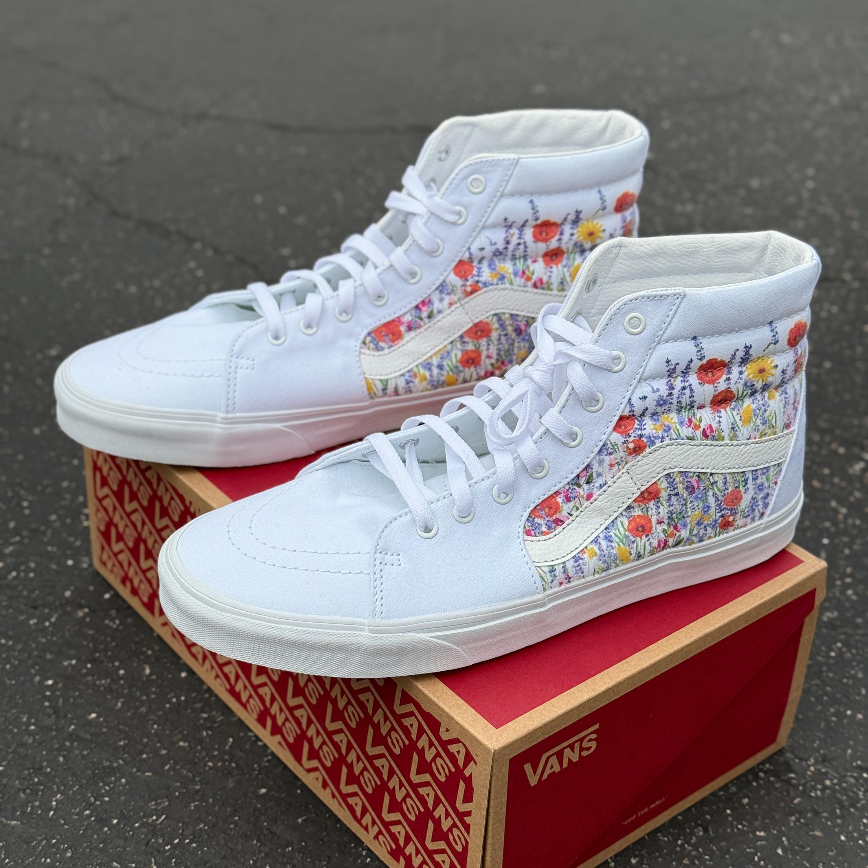 Flower Field Vans Sk8-hi Shoes - Customized White Sk8-hi Top  display picture 1