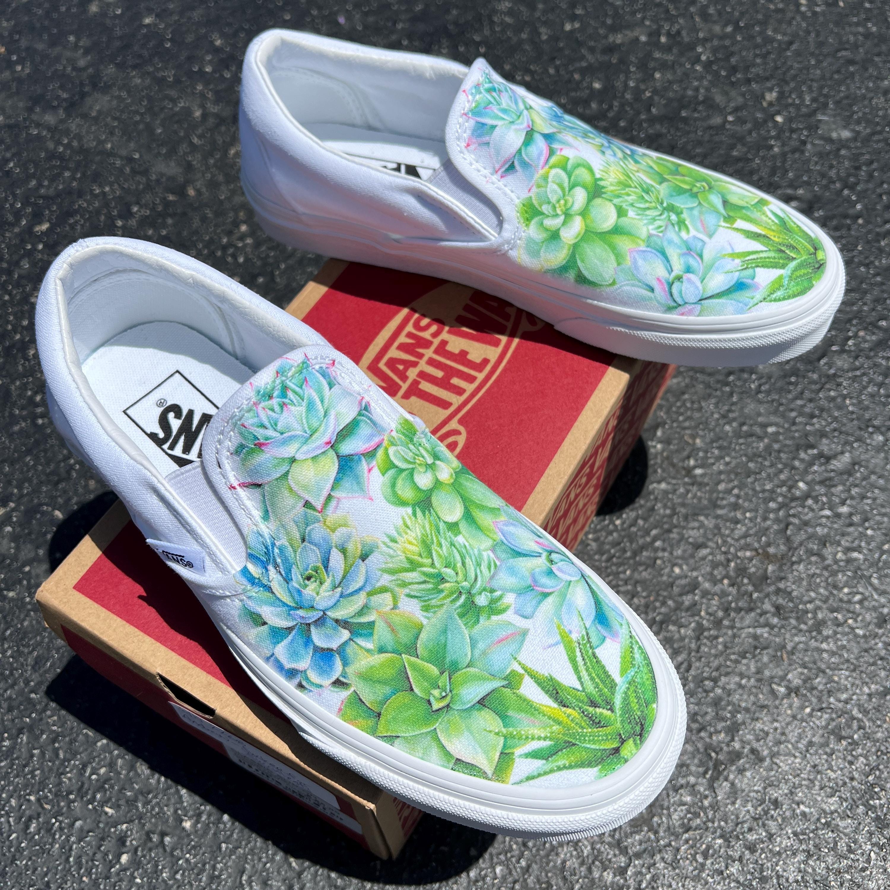 Succulent Plant Lover Shoes - White Slip on Vans for Women 