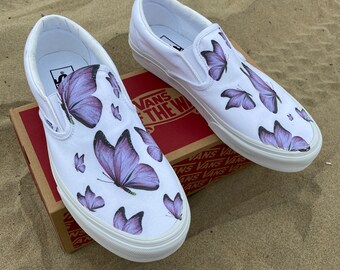 Purple Butterfly White Slip on Vans Custom Vans Shoes