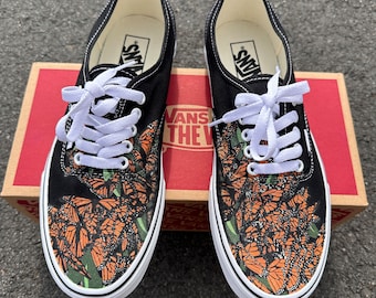 Monarch Butterfly Black/White Vans Authentic Lace Up Shoes - Custom Vans Shoes for Men and Women