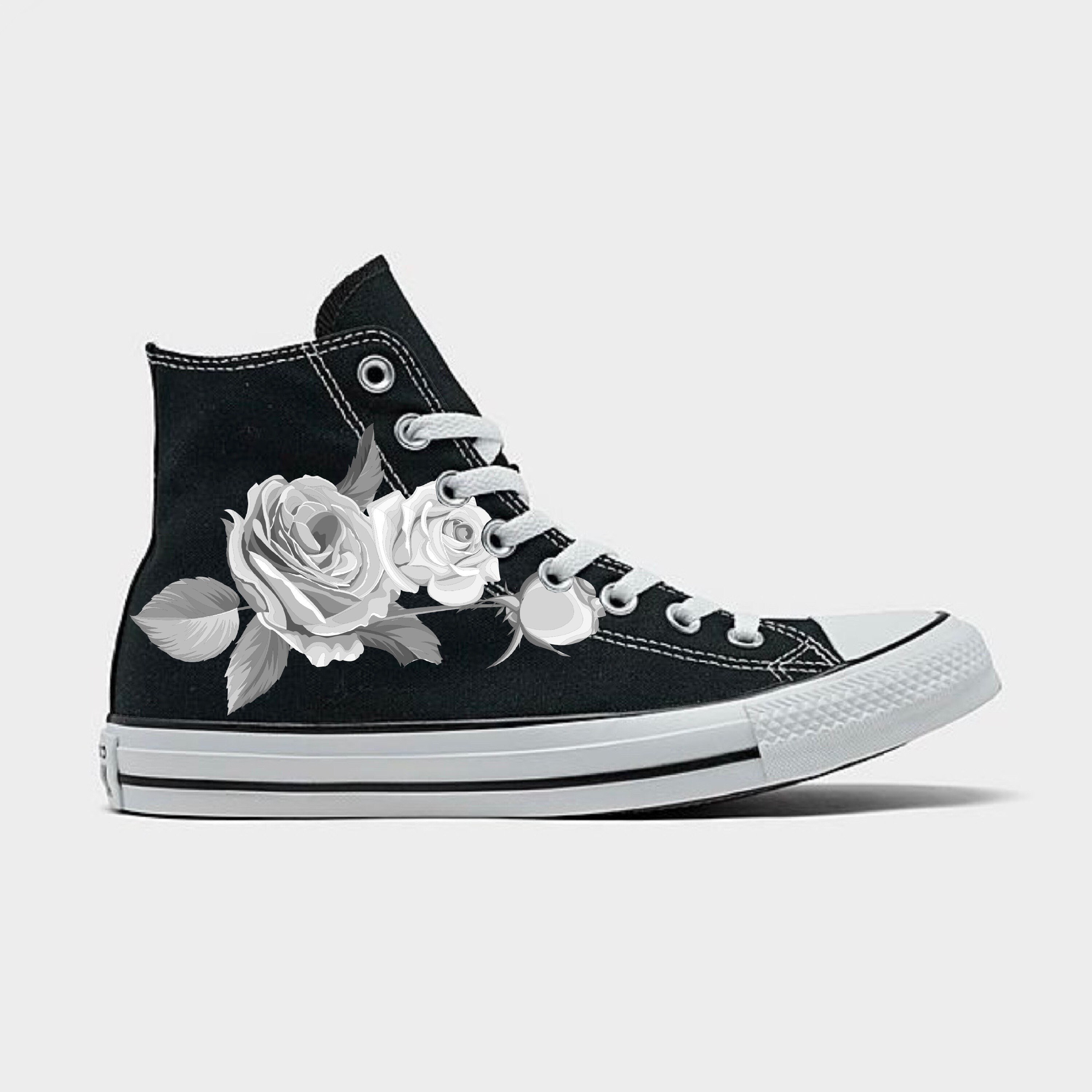 Black and White Rose Bouquet Custom Black High Top Converse Chuck Taylor shoes for Women and Men