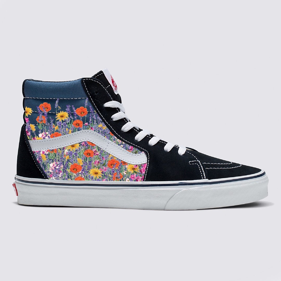 Flower Field Vans Sk8-hi Shoes Customized Black Sk8-hi Top Vans