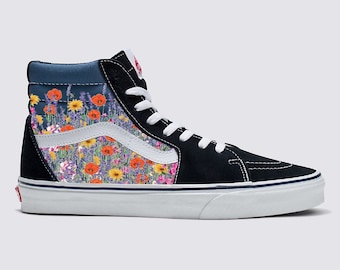 Flower Field Vans Sk8-Hi Shoes - Customized Black Sk8-Hi Top Vans Sneakers for Women and Men