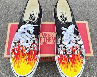 Red and Yellow Hot Rod Flames Skulls Vans Authentic Shoes