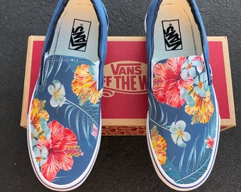 Tropical Floral Pattern on Navy Vans Slip On Shoes - Men's and Women's Custom Vans Sneakers