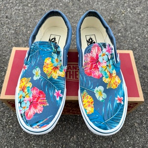 Tropical Floral Pattern on Navy Vans Slip On Shoes Men's and Women's Custom Vans Sneakers image 2