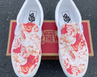 Warme üppige Pfingstrose Blume Hochzeit - Custom White Slip On Vans Brautschuhe Hochzeit Sneakers Hochzeit Schuhe für Braut Hochzeit Schuhe für Bräutigam