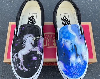 Mystical Unicorn Custom Slip Ons - fantasy mystic fairies forest unicorn girl boy kid shoe pegasus rainbow blue purple horse my little pony