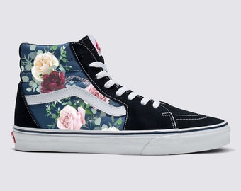 Whimsical Roses on Navy SK8-Hi Vans Shoes - Women's and Men's Custom Vans Sneakers