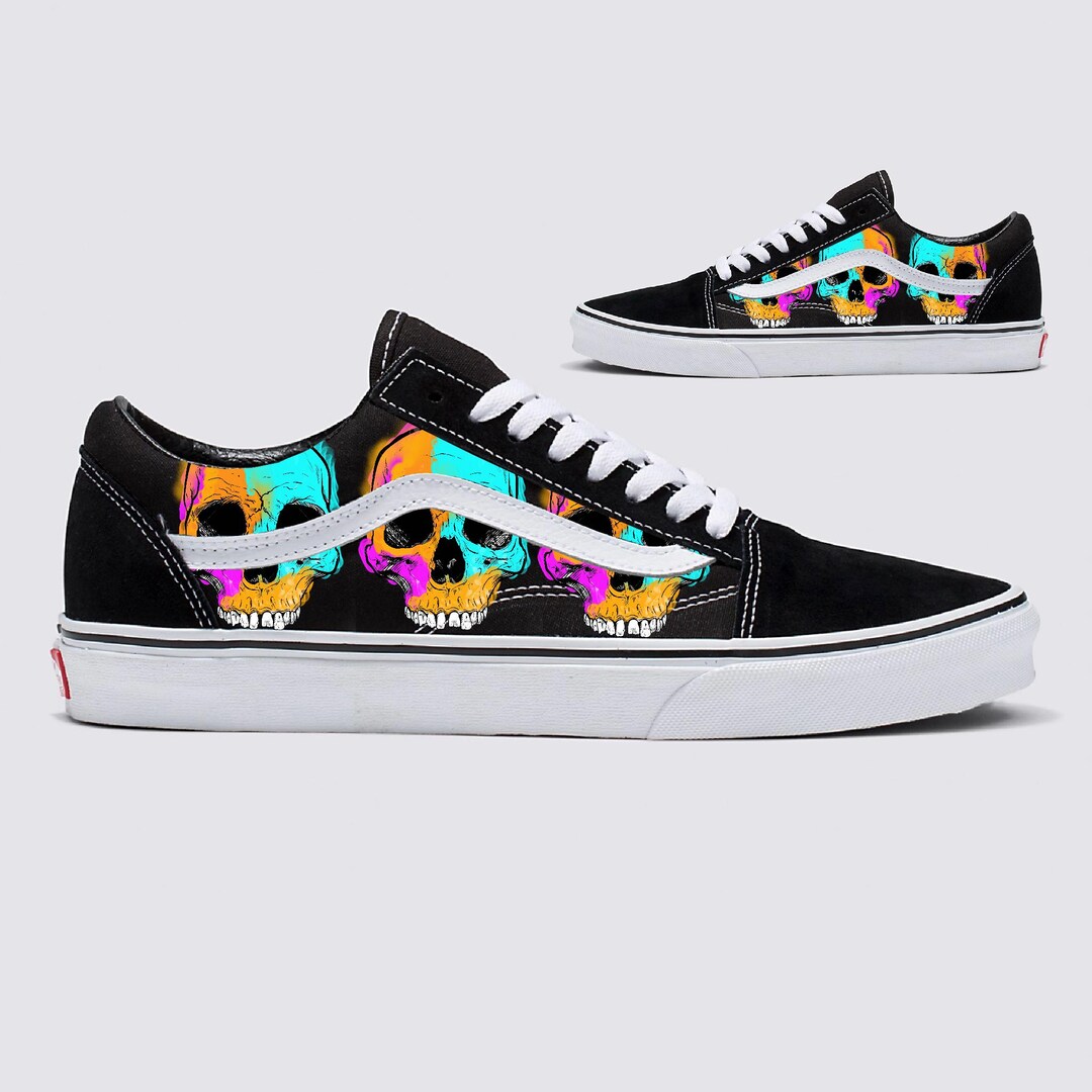 Colorful Skulls on Black Vans Old Skool Shoes Men's and