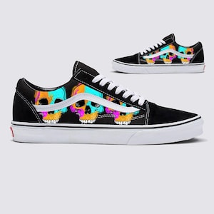 Colorful Skulls on Black Vans Old Skool Shoes - Men&#39;s and Women&#39;s Custom Vans Sneakers