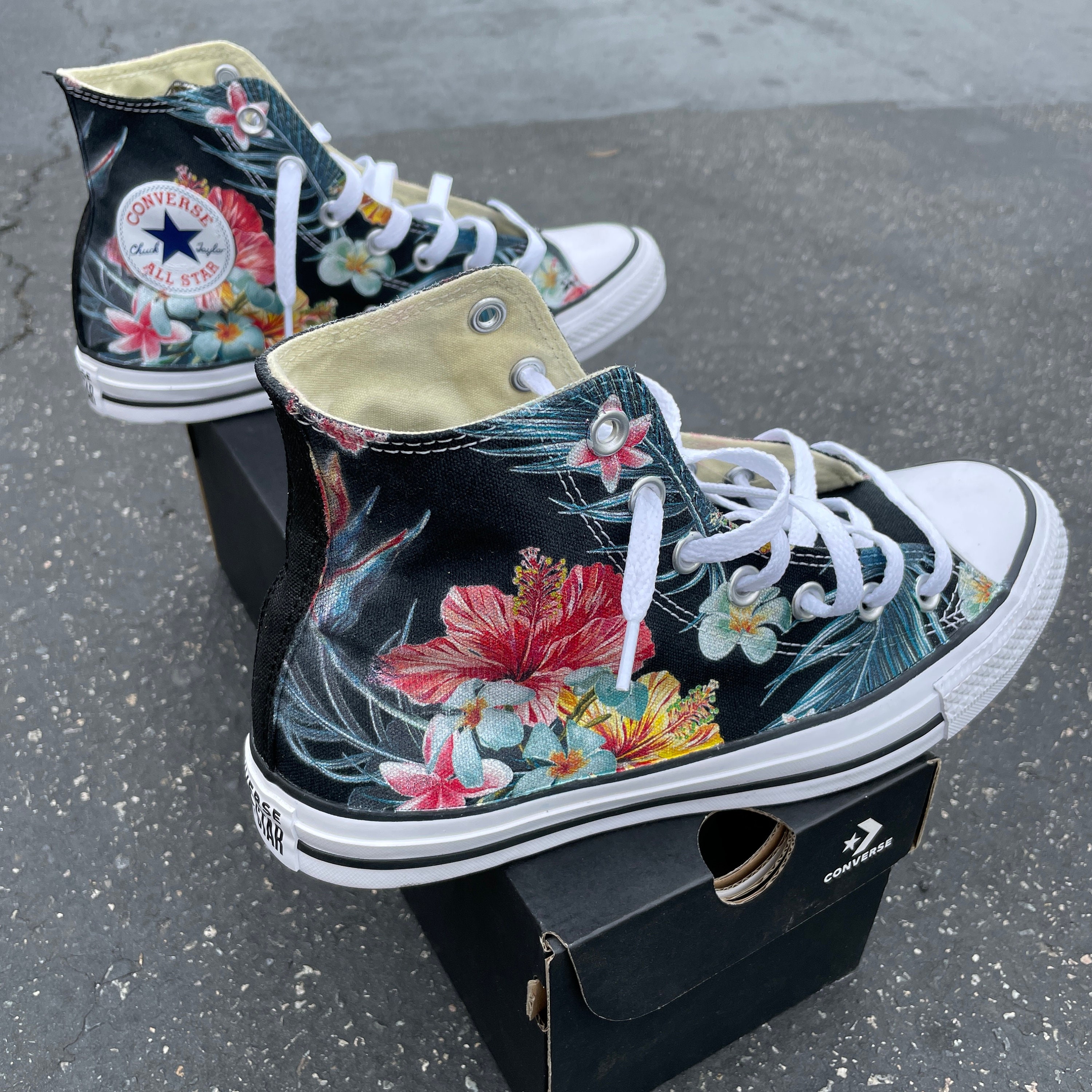 Tropical Floral Pattern on High Top Converse Shoes Men's and