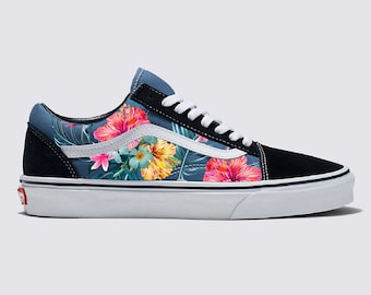 Tropical Floral Pattern on Navy Old Skool Vans Sneakers - Men's and Women's Custom Vans Shoes