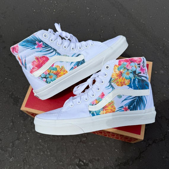 Tropical Floral Pattern on White Vans Sk8 - Hi Top Sneakers