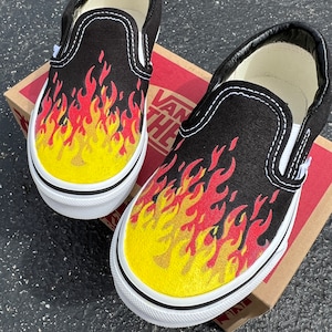 Hot Flame Shoes Custom Vans Black Slip on Red Orange Yellow Fire Hot ...