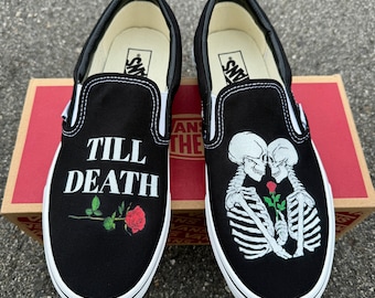 Till Death Kissing Skeletons Wedding Vans Slip On Shoes - Men's and Women's Custom Vans Sneakers