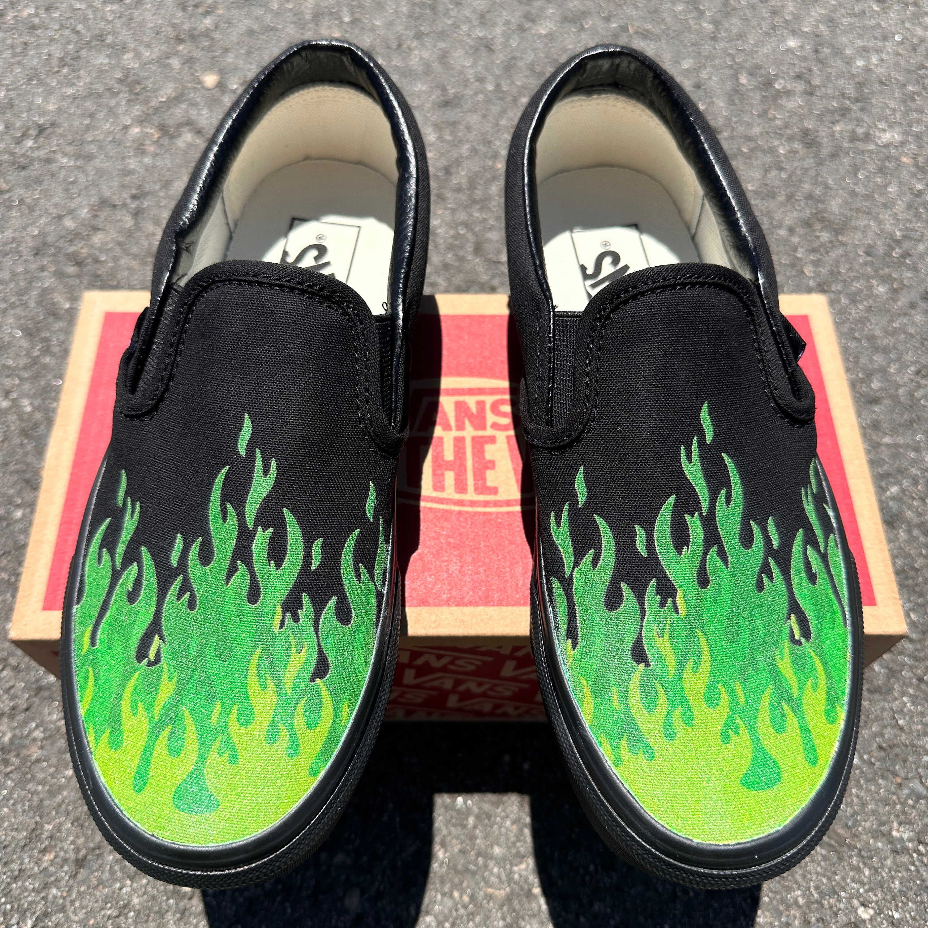 Slip on vans custom drip ?and fire ? Hot Green Flame Shoes - Custom Vans Black/ Black Slip Forest  main image 4