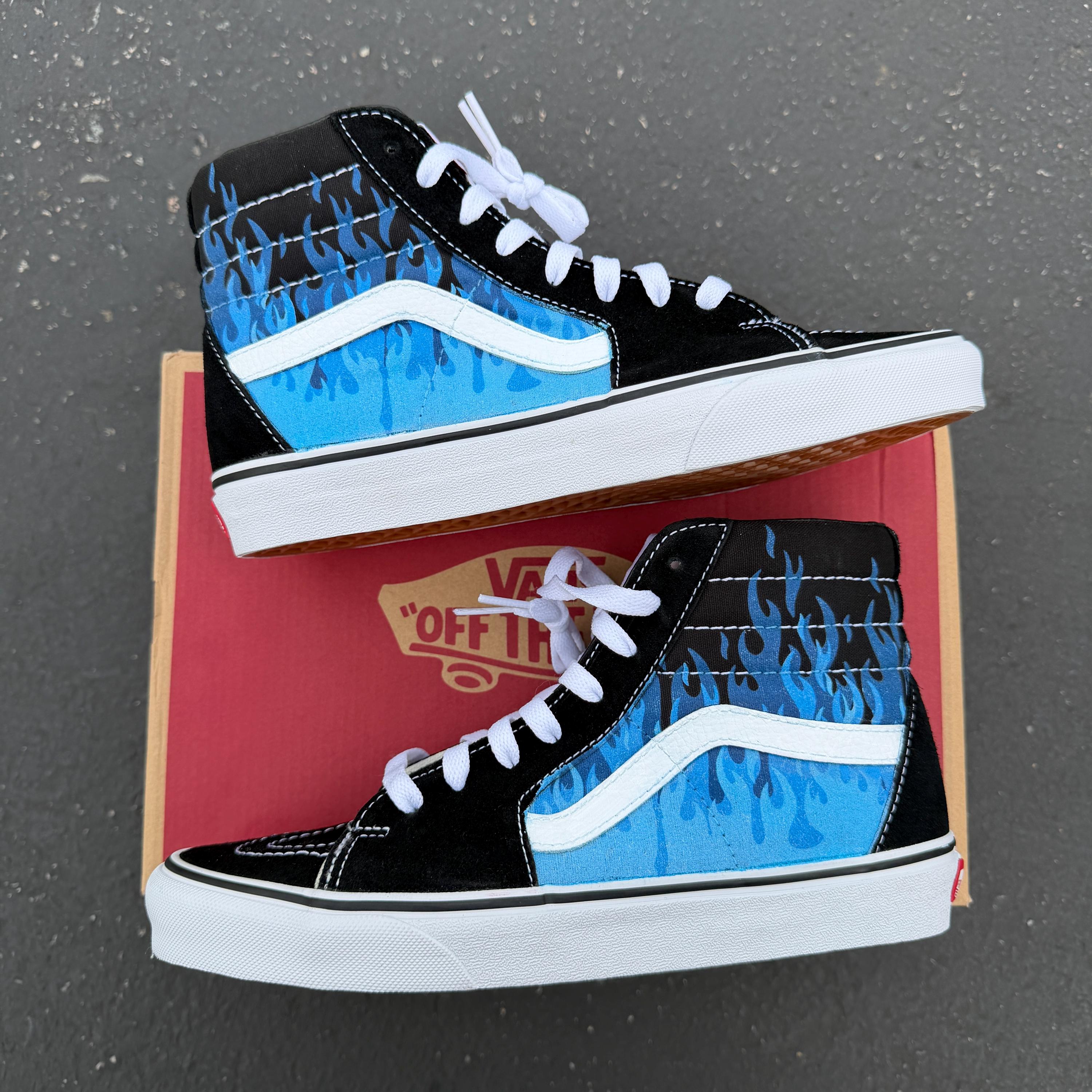 Blue Flame Shoes - Custom Vans Black Sk8-hi Sneakers Custom Fire