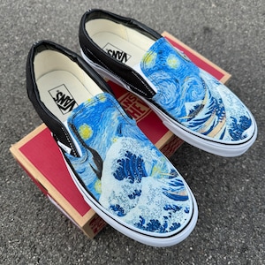 starry night and great wave custom vans slip on shoes for men and women unisex