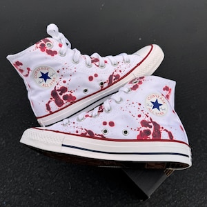 Blood Splatter White High Tops - Custom High Top Converse murder spooky scary horror half way to halloween costume knife fake blood splatter