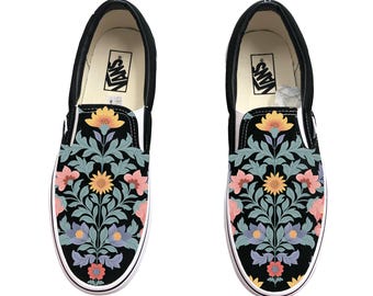 Zapatillas Vans sin cordones personalizadas con ilustración de flores y enredaderas