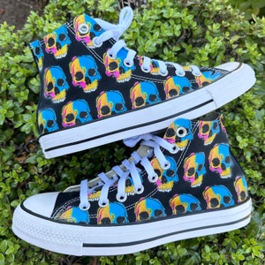 Painted Colorful Skull Pattern on Black High Top Converse Chuck Taylor for Men and Women Unisex High Top Converse Sneaker