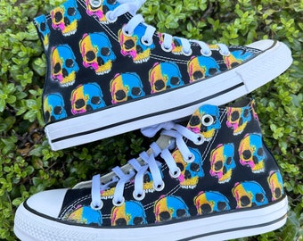 Painted Colorful Skull Pattern on Black High Top Converse Chuck Taylor for Men and Women Unisex High Top Converse Sneaker