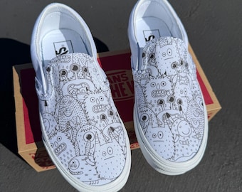 Cute Monster Sketch Drawing Halloween Scary Custom Slip On Vans Shoes for Women and Men