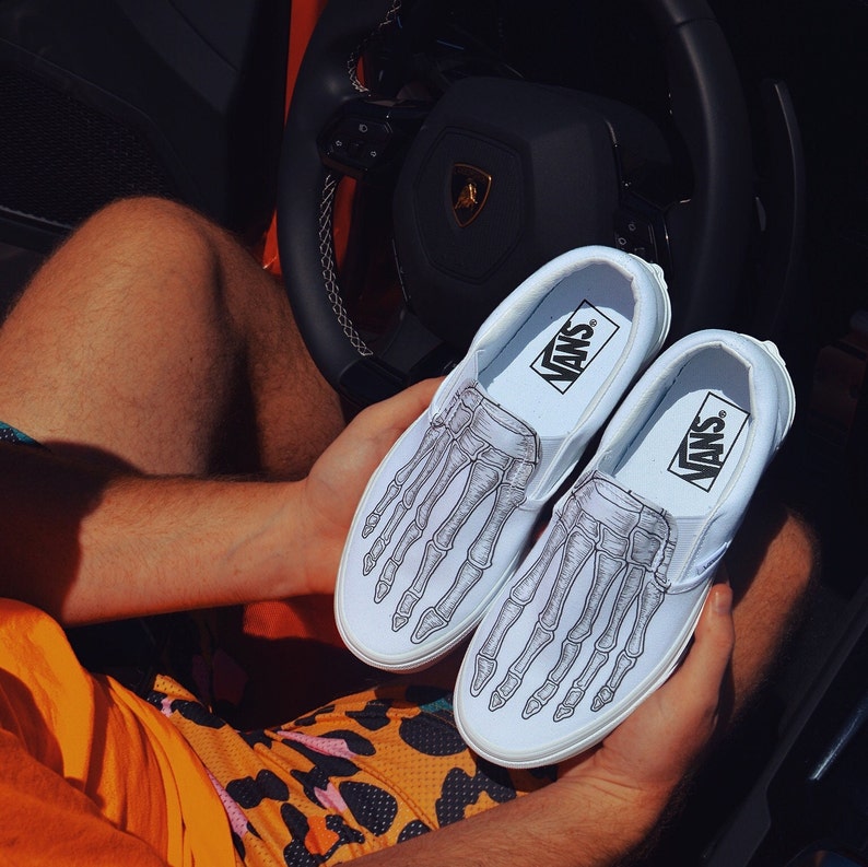 Skeleton Boney Feet Custom White Vans Slip On Shoes image 6