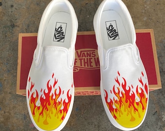 Hot Flame Shoes - Custom Vans White Slip On Red Orange Yellow Fire Hot Flames Hot Cheetos Flaming Hot Cheetos Flamin' Hot Cheetos