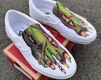 Custom White Slip On Vans - Zombie Feet Vans