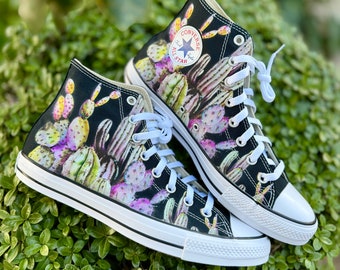 Watercolor Cactus Style Artwork on Black High Top Converse Chuck Taylor Shoes  - Custom Shoes With Desert Flowers