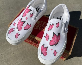 Pink Butterfly White Slip On Vans - Custom Vans Shoes