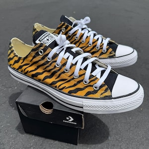 Tiger Pattern Converse Low Top Shoes - Royal Bengal Tiger Design on Black Converse Chuck Taylor Shoes for Women and Men Unisex Sneaker