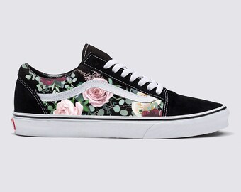 Whimsical Roses on Black Old Skool Vans Shoes - Women's and Men's Custom Vans Sneakers