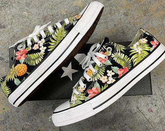 Tropical Pineapple - Custom Low Top Converse Black Hawaiian print Hawaii pattern dole whip palm tree palm leaves tropic hibiscus flower