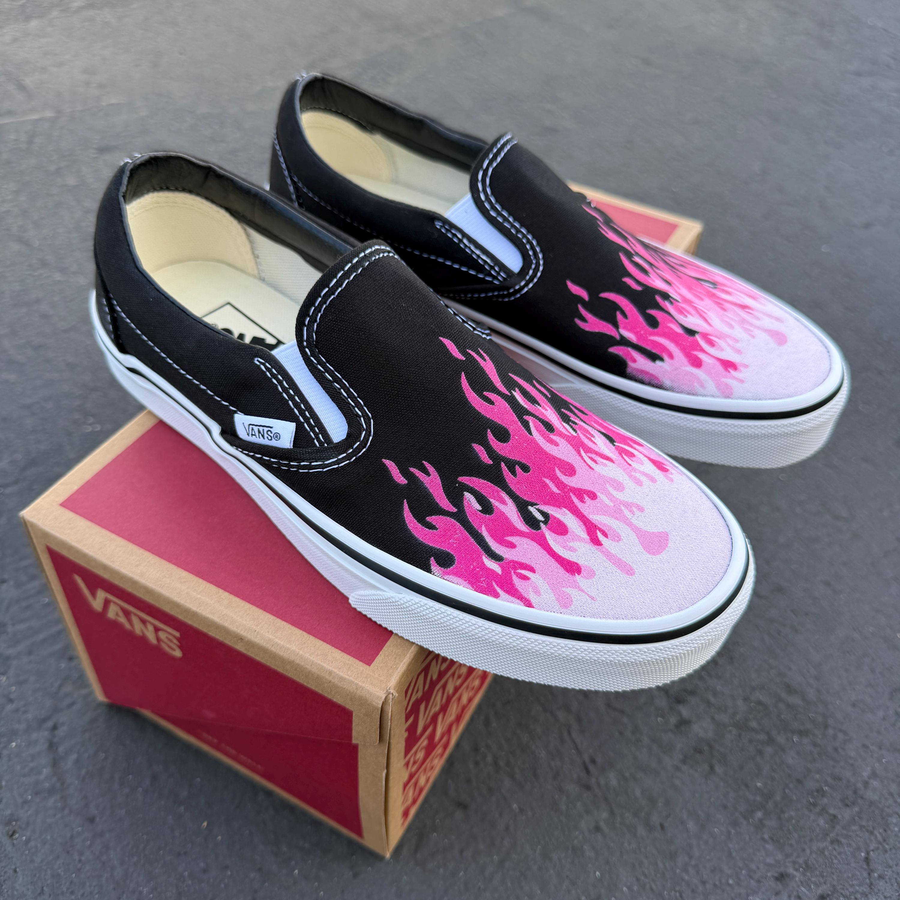 Hot Pink Flame Shoes Custom Vans Black Slip on Pink Hot Pink