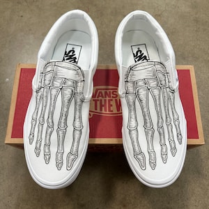 Skeleton Boney Feet Custom White Vans Slip On Shoes image 1