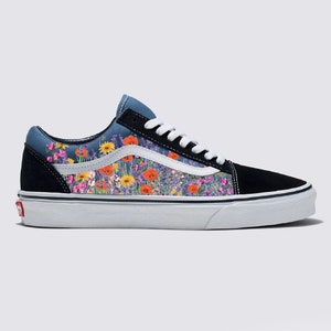 Flower Field Vans Old Skool Shoes - Customized Navy Old Skool Vans Sneakers for Women and Men