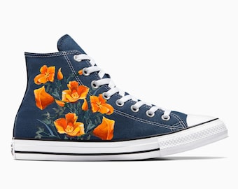 Poppy Flower Floral Custom Navy Converse Shoes Sneakers Bride Wedding Theme California State Flower for Men and Women