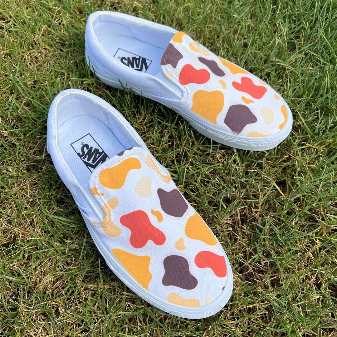 Coffee Cow Print - Custom White Slip on Vans Abstract Cow