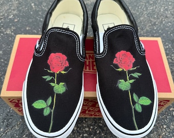 Single Rose - Black Slip On Vans for Men and Women