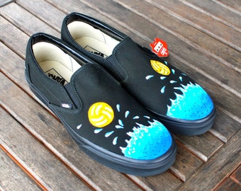 Waterpolo Theme Vans Slip On Shoes for Men and Women on Black/Black Vans Shoes