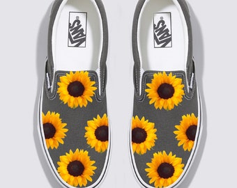 Sunflowers on Charcoal Slip On Vans Shoes Men s and Women s Custom Vans Sneakers