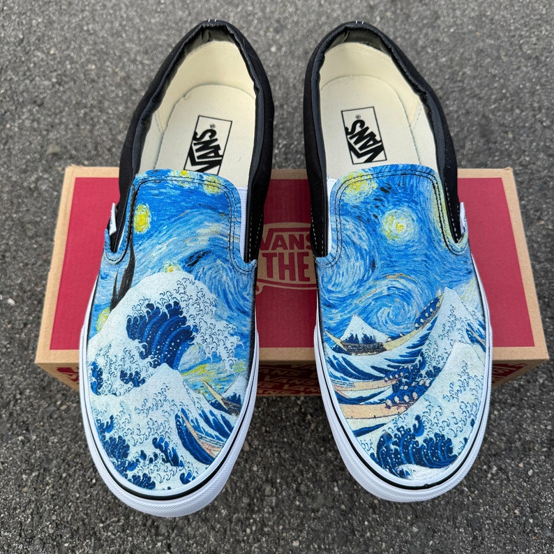 The Great Wave and Vincent Van Gogh Starry Night Vans Slip On Shoes for Women and Men image 1