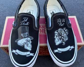 Personalizable Till Death Do Us Part Wedding Black Vans Slip On Shoes for Bride and Groom