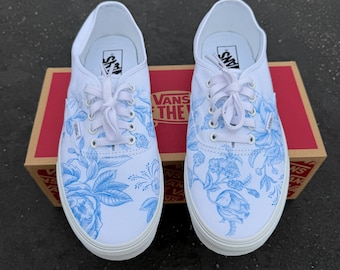 Toile de Jouy Floral Vans Authentic Shoes – Blue White Roses Custom Sneakers