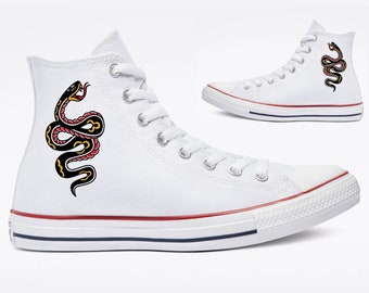 Custom Traditional Snake Tattoo on White High Top Converse