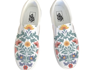 Zapatillas Vans sin cordones personalizadas con ilustración de flores y enredaderas