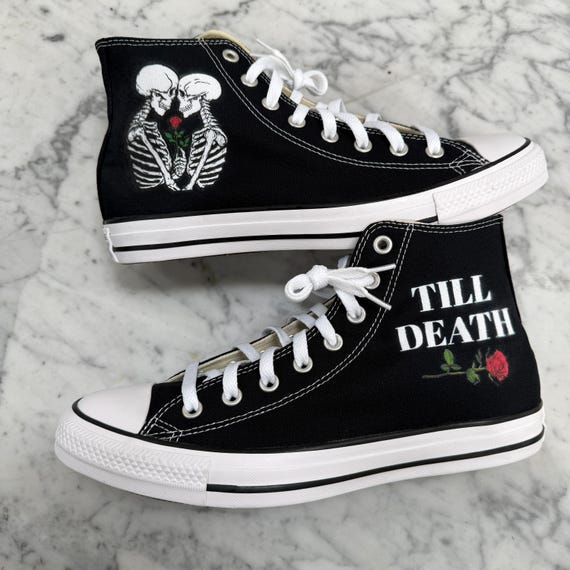 Personalizable Black Till Death Kissing Skeletons Converse High Top Women's and Men's Wedding Shoes